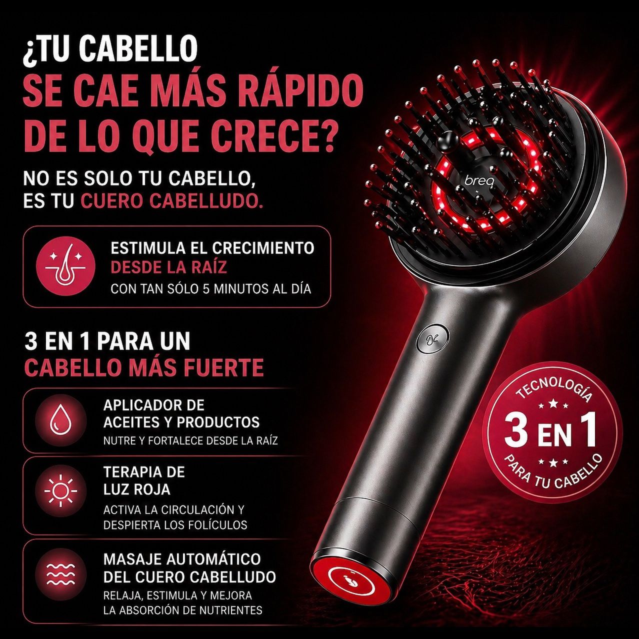 ScalpTech 3en1 cepillo crecimiento capilar con luz roja — Rivelle